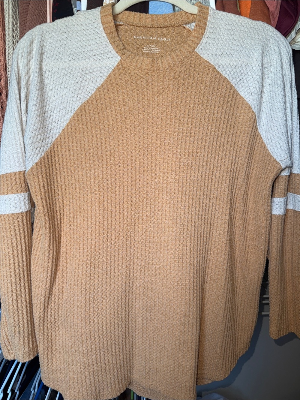 American Eagle Outfitters Two-Tone Crewneck Sweater - Camel & Cream